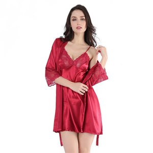 Women's Silk Open Stitch Flare Lace Sleeve Belted Nightgown Set