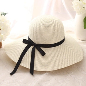 Women's Round Straw Foldable Ribbon Bowknot Wide Brim Sun Hats
