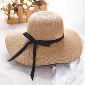 Women's Round Straw Foldable Ribbon Bowknot Wide Brim Sun Hats
