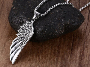 Men's Stainless Steel Feather Wing Pendant With Black Strap Chain