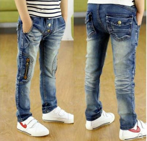 Kid's Low Elastic Waist Plain Button Zipper Side Pocket Denim Jeans