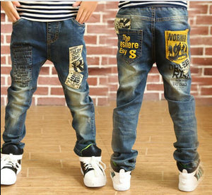 Kid's Low Elastic Waist Plain Button Zipper Side Pocket Denim Jeans