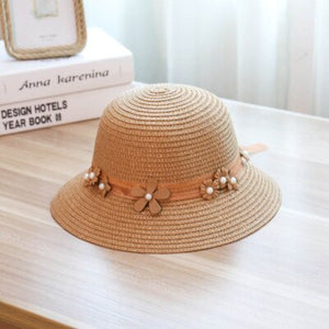 Women's Round Straw Floral Strip Pattern Beach Wear Full Brim Hat