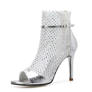 Women's Peep Toe Mesh Glitter Sequin Thin Heel Ankle Boots