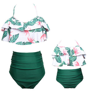 Kid's Neck Strap Ruffle Floral Print Mother Daughter Duo Bikini Set