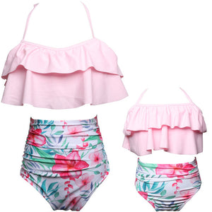 Kid's Neck Strap Ruffle Floral Print Mother Daughter Duo Bikini Set
