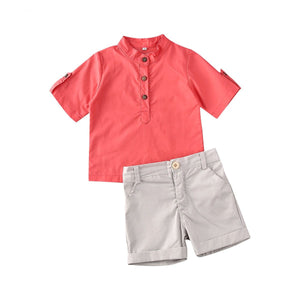 Kid's Turndown Collar Buttoned Style Shirt With Short Pants