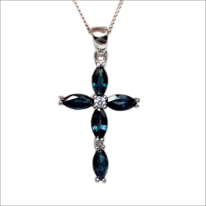 Women's 100% 925 Sterling Silver Cross Sapphire Pendant Necklace