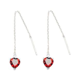 Women's 100% 925 Sterling Silver Heart Red Zircon Long Drop Earrings
