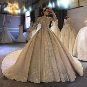 Women's Mock Neck Long Sleeve Beading Royal Train Wedding Dress