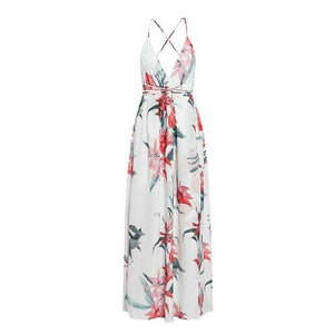 Women's V-Neck Spaghetti Strap Floral Print Side Split Casual Dress