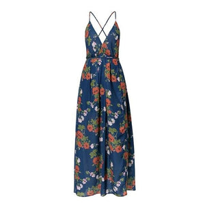 Women's V-Neck Spaghetti Strap Floral Print Side Split Casual Dress