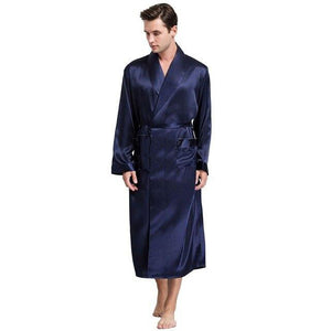 Men's Silk Satin Shawl Collar Long Sleeve Plain Belted Waist Nightgown