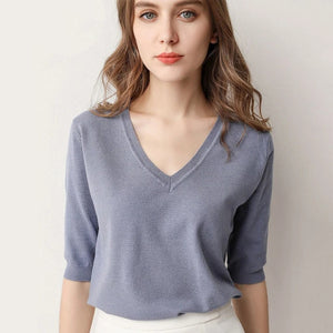 Women's V-Neck Half Sleeve Plain Knitted Casual Blouses
