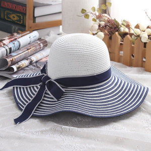 Women's Round Straw Striped Bow Knot Summer Wear Brim Flare Hats