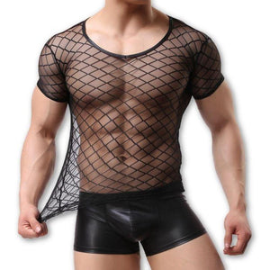 Men's O-Neck Transparent Mesh Net Shirt With Boxer Nightwear Outfits