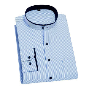 Men's Mandarin Collar Long Sleeves Striped Pattern Button Pocket Shirt
