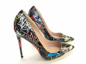 Women's Leather Print Pointed Toe Thin High Heel Pumps Shoe