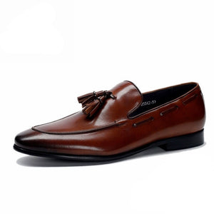 Men's Genuine Leather Pointed Shiny Toe Slip-On Tussel Shoes