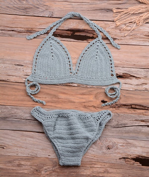 Women's V-Neck Spaghetti Strap Crochet High Waist Bikini Set