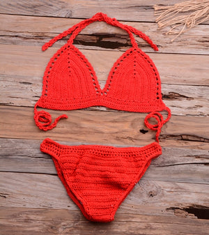 Women's V-Neck Spaghetti Strap Crochet High Waist Bikini Set