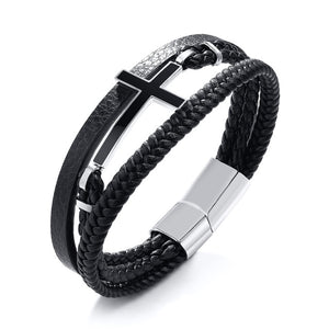 Men's Leather Strap Attach With Steel Clasp Cuff Style Bracelet