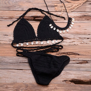 Women's V-Neck Hollow Out Crochet High Waist Bikini Set