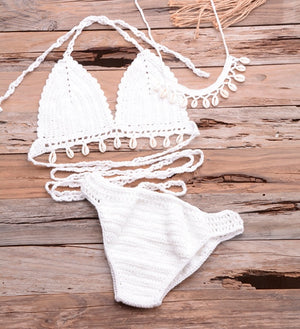 Women's V-Neck Hollow Out Crochet High Waist Bikini Set