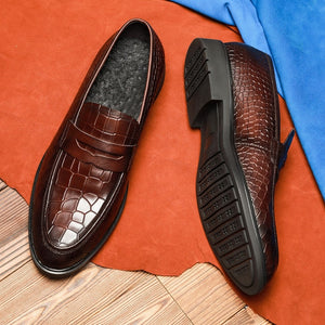 Men's Genuine Leather Pointed Toe Patchwork Slip On Shoes