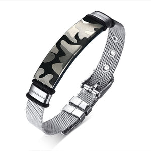 Men's Round Mesh Silver Stainless Steel Metal Adjustable Engravable Unisex Bracelet