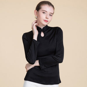 Women's Silk Round Neck Long Sleeve Plain Pattern Blouse