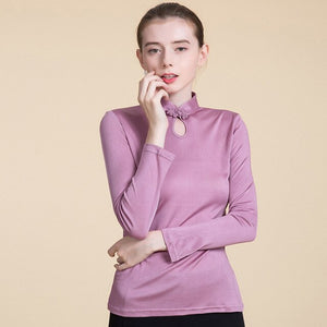 Women's Silk Round Neck Long Sleeve Plain Pattern Blouse 