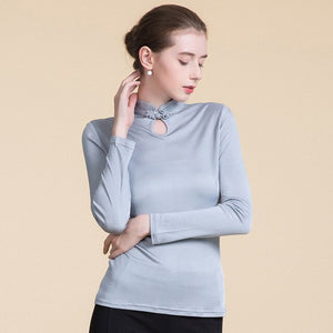 Women's Silk Round Neck Long Sleeve Plain Pattern Blouse