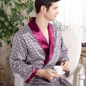 Men's Silk Long Sleeve Printed Lace Up Waist Sleepwear Robe