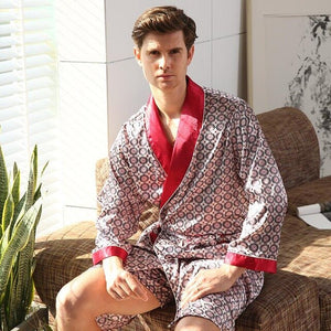 Men's Stitch Flare Sleeve Printed Lace-up Waist Sleepwear Robe