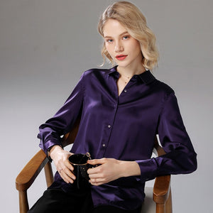 Women's Silk Turndown Collar Long Sleeves Plain Pattern Blouse