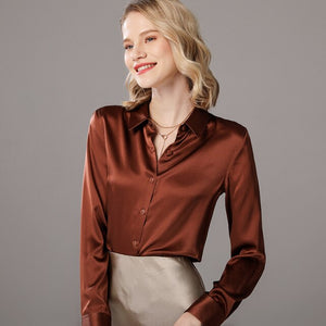 Women's Silk Turndown Collar Long Sleeves Plain Pattern Blouse