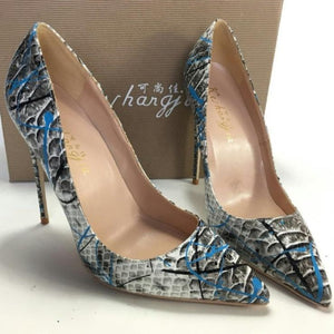 Women's Leather Pointed Toe Snake Printed Thin High Heels Shoes
