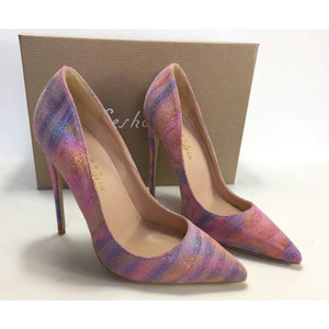 Women's Leather Printed Pattern Pointed Toe High Heels Shoes