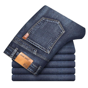 Men's High Waist Button Zipper Closure Straight Slim Fit Denim Jeans