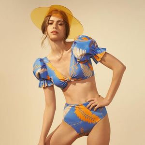 Women's V-Neck Ruffle Sleeves Printed Beachwear Swimsuit