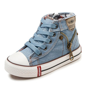 Kid's Round Toe Cross Lace-Up Closure Denim Ankle Sneakers