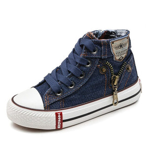 Kid's Round Toe Cross Lace-Up Closure Denim Ankle Sneakers