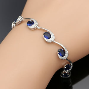 Women's 100% 925 Sterling Silver Blue Cubic Oval Zircon Charm Bracelet