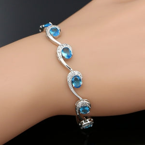 Women's 100% 925 Sterling Silver Blue Cubic Oval Zircon Charm Bracelet
