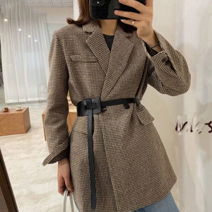 Women's Notched Collar Full Sleeves Double Breasted Plaid Blazer