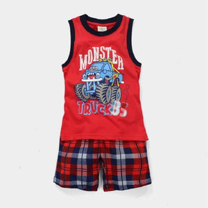 Kid's Round Neck Printed T-Shirt With Plaid Short Beachwear Set