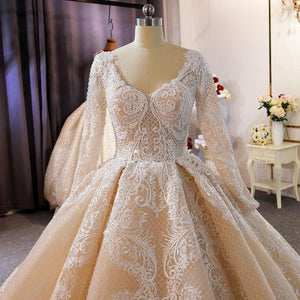 Women's V-Neck Long Sleeves Lace Train Ball Gown Wedding Dress
