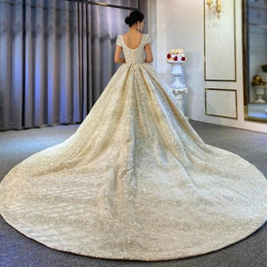 Women's Square Neck Sequined Sleeves With Long Veil Gown