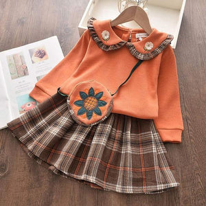 Baby Girl's Round Neck Long Sleeve Plain Pattern Pleated Skirt Set